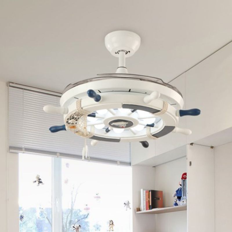 Weißer Ruder 4-Blade-Anhänger Lüfter Licht Kinderstil Metal LED Semi Flush Mount Lampe mit Fernbedienung, 42 Zoll breit