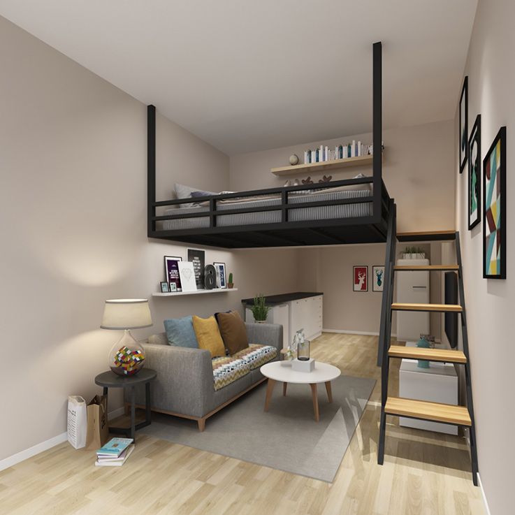 Scandinavian Metal Loft Bed White/Black Built-In Ladder Kids Bed