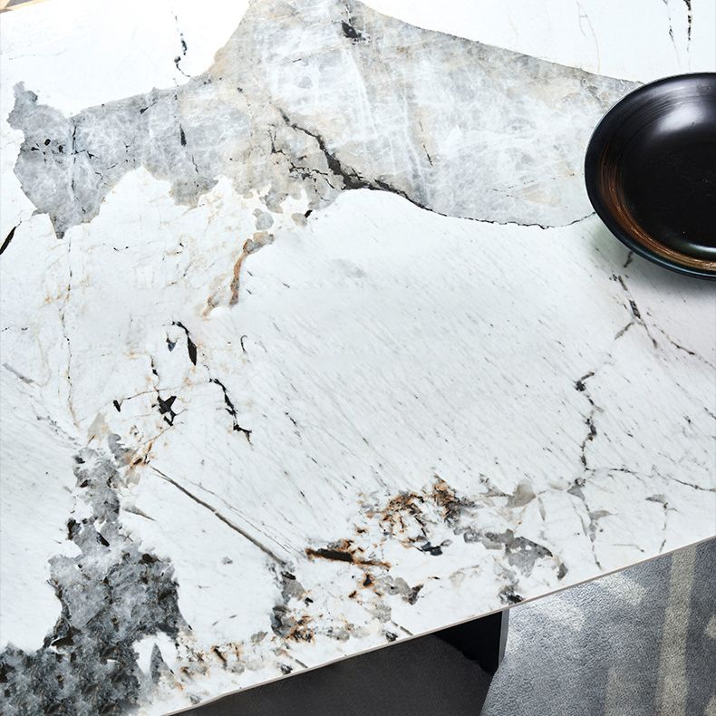 Rectangle Sintered Stone Dining Table Modern Table in White with Metal Double Pedestal