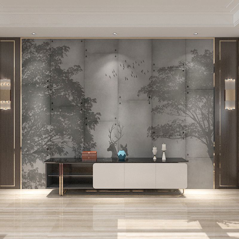 Traditional Deer and Forest Mural in Grey Non-Woven Fabric Wall Covering for Home Decor, Custom-Made