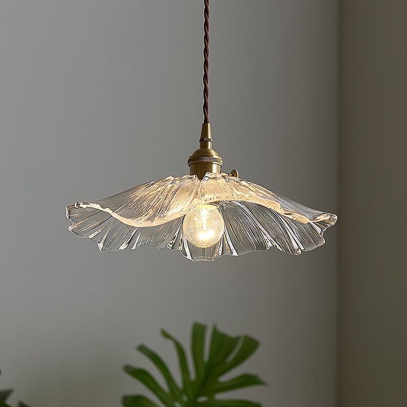 Glass Scalloped Pendant Light in Industrial Retro Style Copper Indoor Hanging Lamp