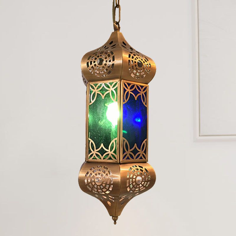 Lantern Metal Hanging Light Kit Retro 1 Light Living Room Pendant Ceiling Lamp in Blue