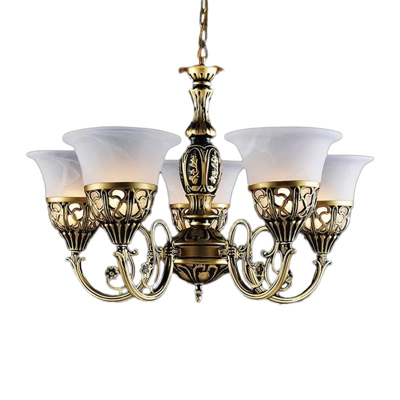 Vintage Bell Hanging Deckenleuchte 5 Lampen Opal Frostedglas Kronleuchter mit Schriftrollenarm in Bronze
