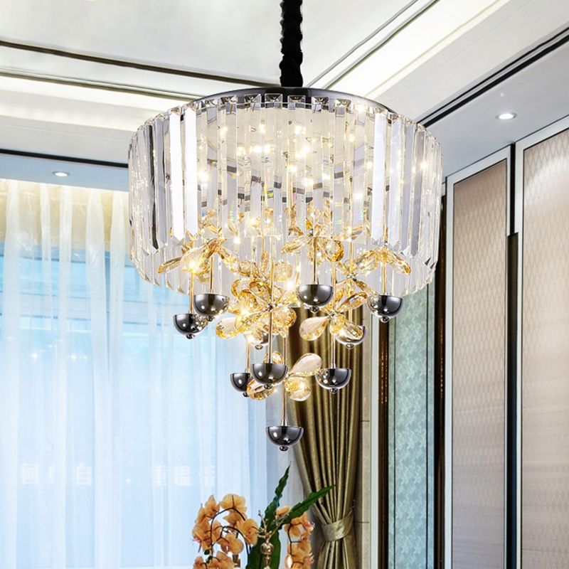 Strip Crystal LED Hanging Chandelier Contemporary Clear Drum Living Room Drop Lamp with Inner Flower Branch Decor