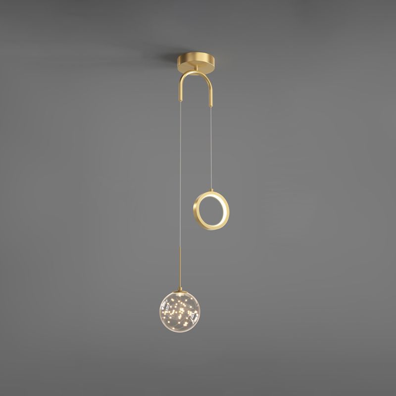 Glass Ball and Ring LED Pendant Minimalist 2-Light Gold Starry Suspension Light for Bedroom