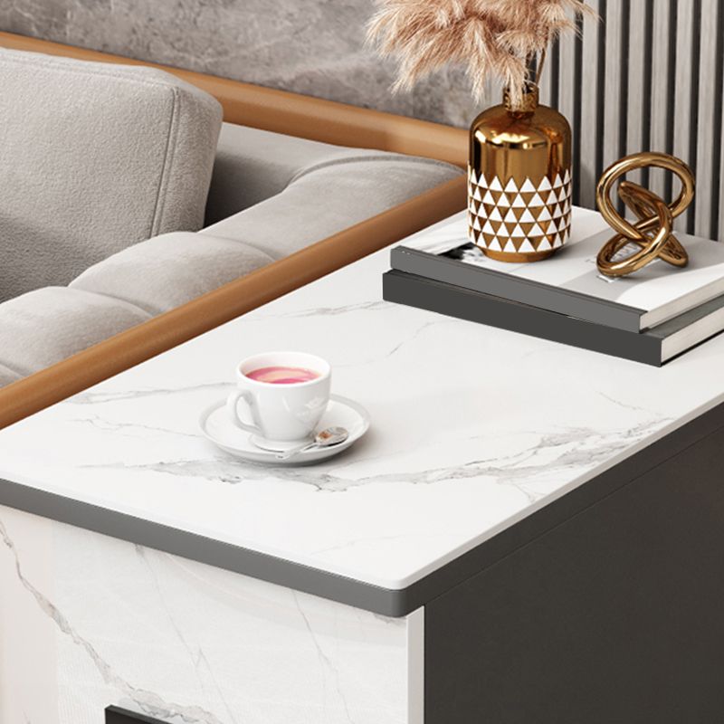 Modern Rectangle Sofa Side Accent Table with Stone Top and Drawers