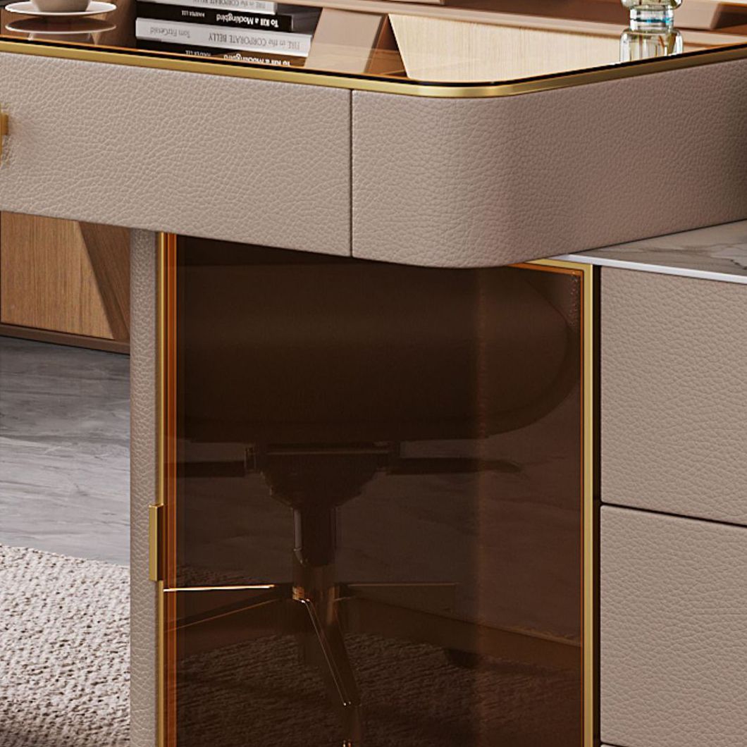 Glam Beige Executive Desk Cable Management Office Desk with Chrome Metal Base