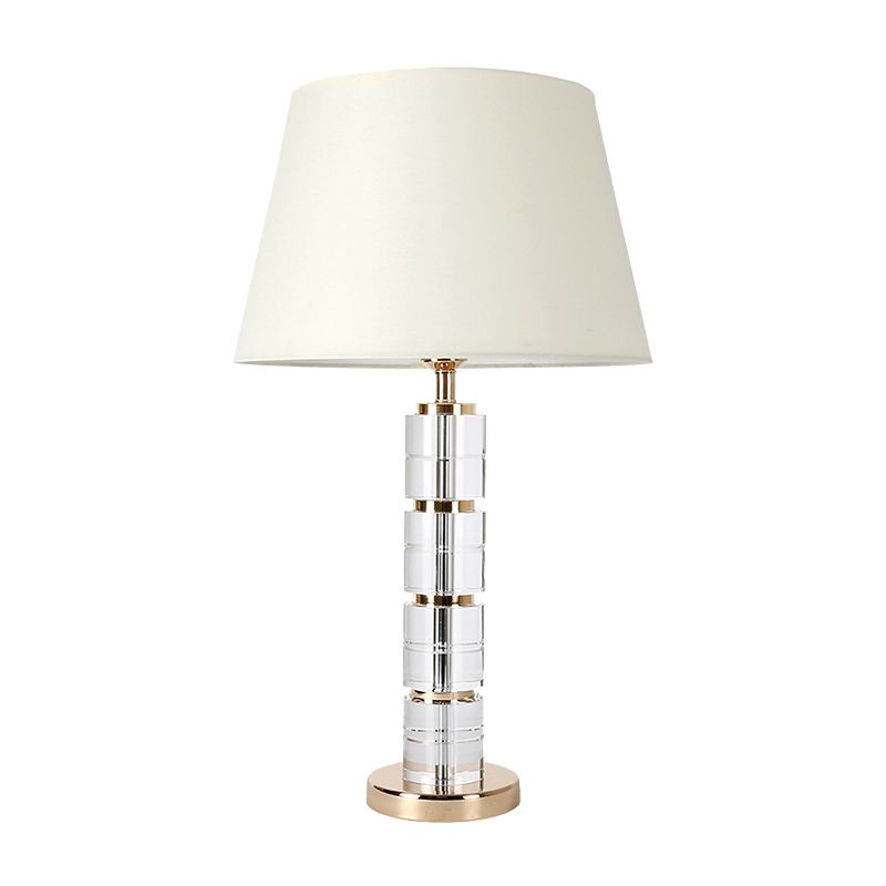 Simple 1-Bulb Table Light White Column Night Lamp with Clear K9 Crystal for Living Room