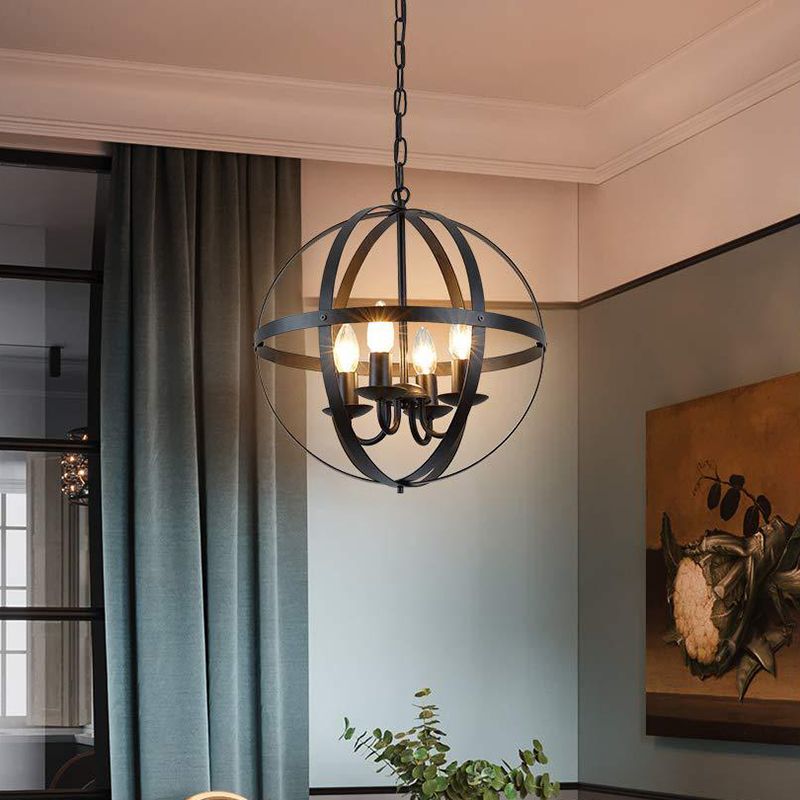 4 Bulbs Metal Ceiling Chandelier Vintage Black Globe Dining Room Pendant Lighting