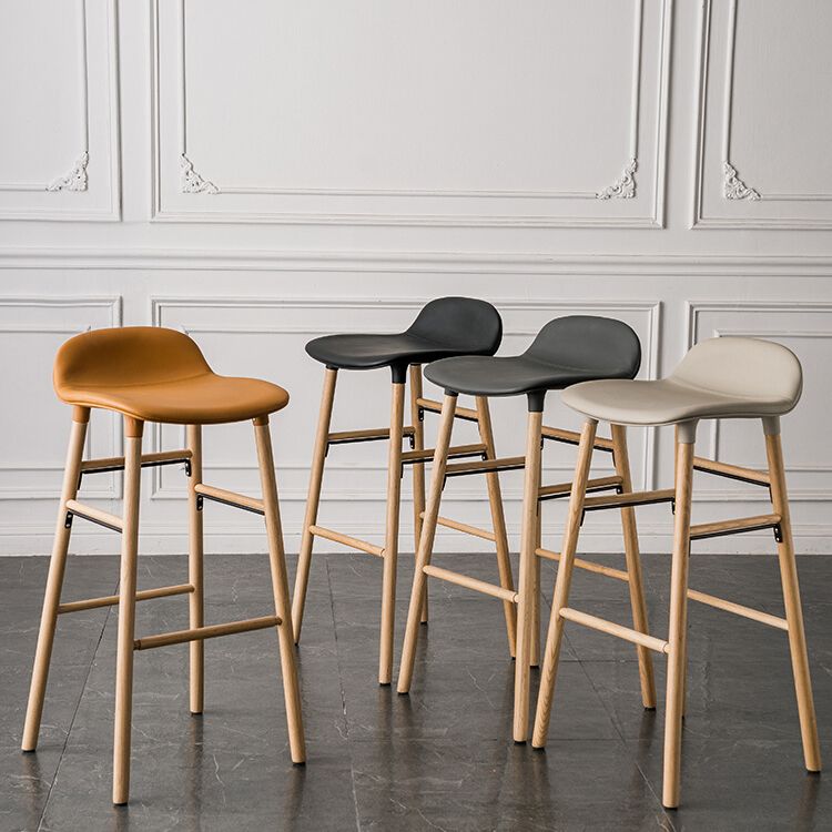 Faux Leather Counter Stool Modern Style Low Back Barstool with Solid Wood Legs