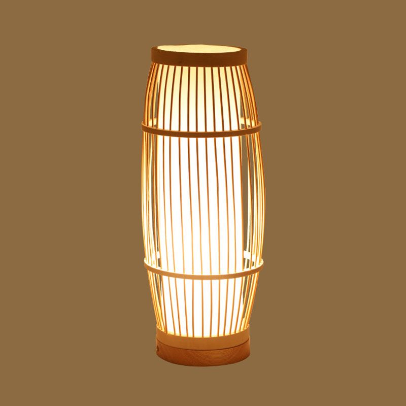 Asian Style Woven Shade Nightstand Light Bamboo 1 Bulb Bedside Table Lamp in Wood