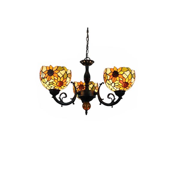 Colorful Bowl Chandelier Light with Flower/Rose/Sunflower/Yellow Flower Pattern Retro Style Stained Glass 3 Bulbs Inverted Chandelier in Brass