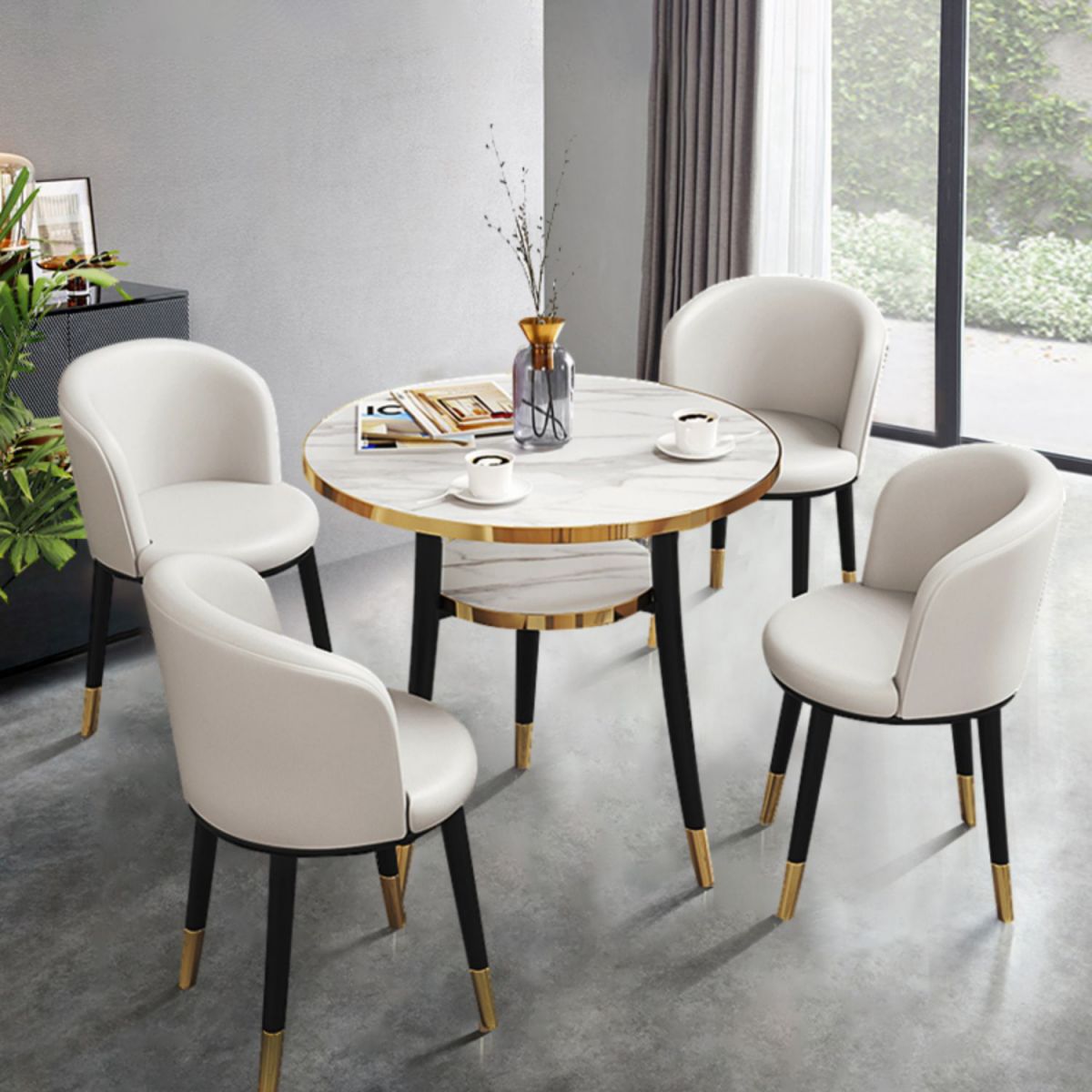 Round Dining Table Modern White Wooden Tabletop with Storage