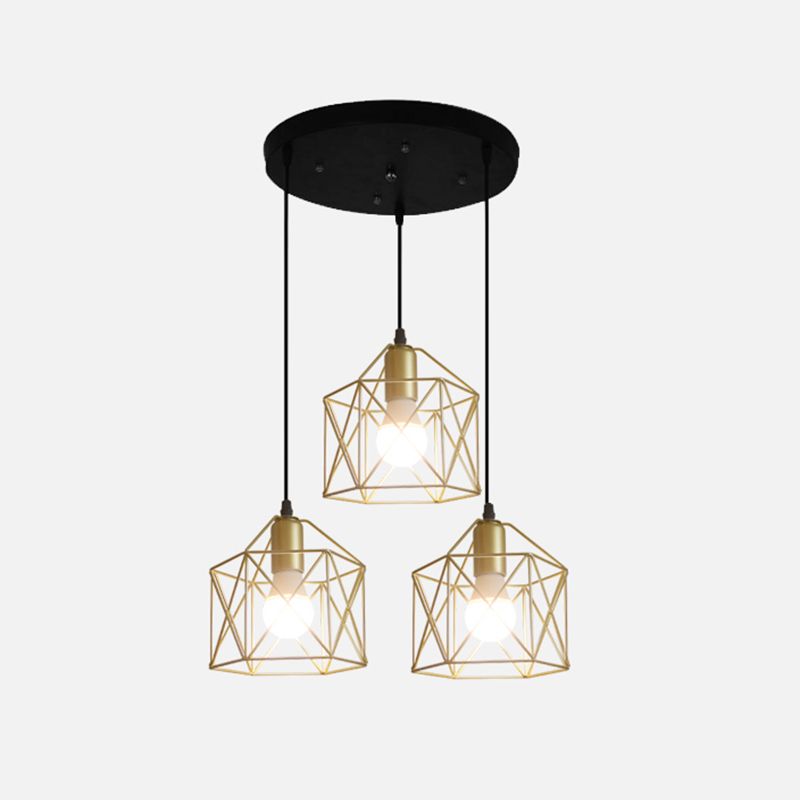 3 Lights Ceiling Light with Hexagon Cage Shade Iron Industrial Style Restaurant Hanging Light in Gold