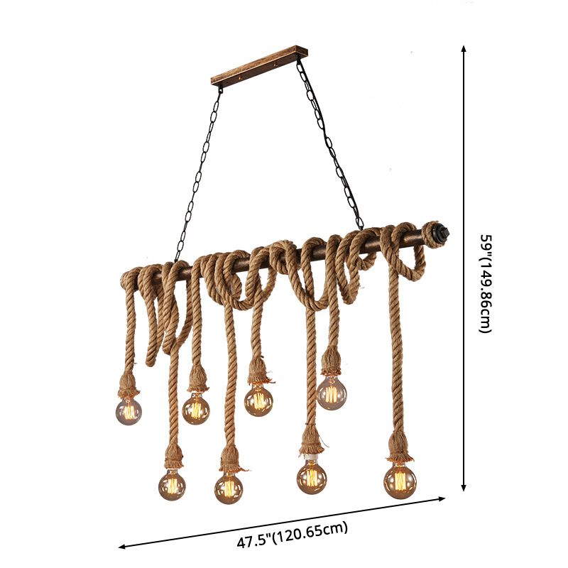 Vintage Hemp Rope Chandelier Industrial Retro Linear Exposed Bulb Pipe Pendant for Restaurant