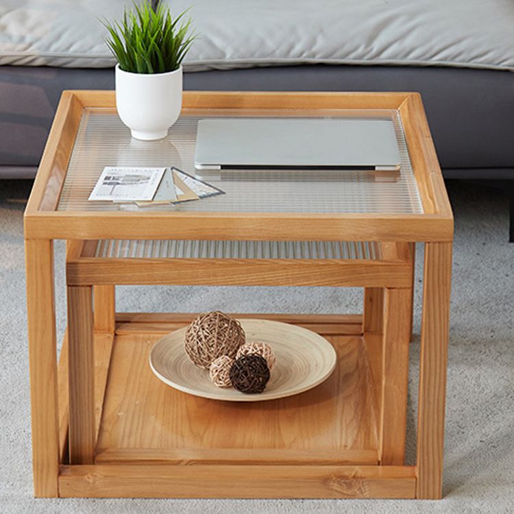 Modern Glass Top Coffee Table Square Natural Wood Cocktail Table