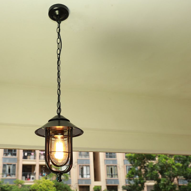Traditional Cone Ceiling Light Single-Bulb Iron Hanging Pendant Light with Bell Clear Glass Shade for Garden
