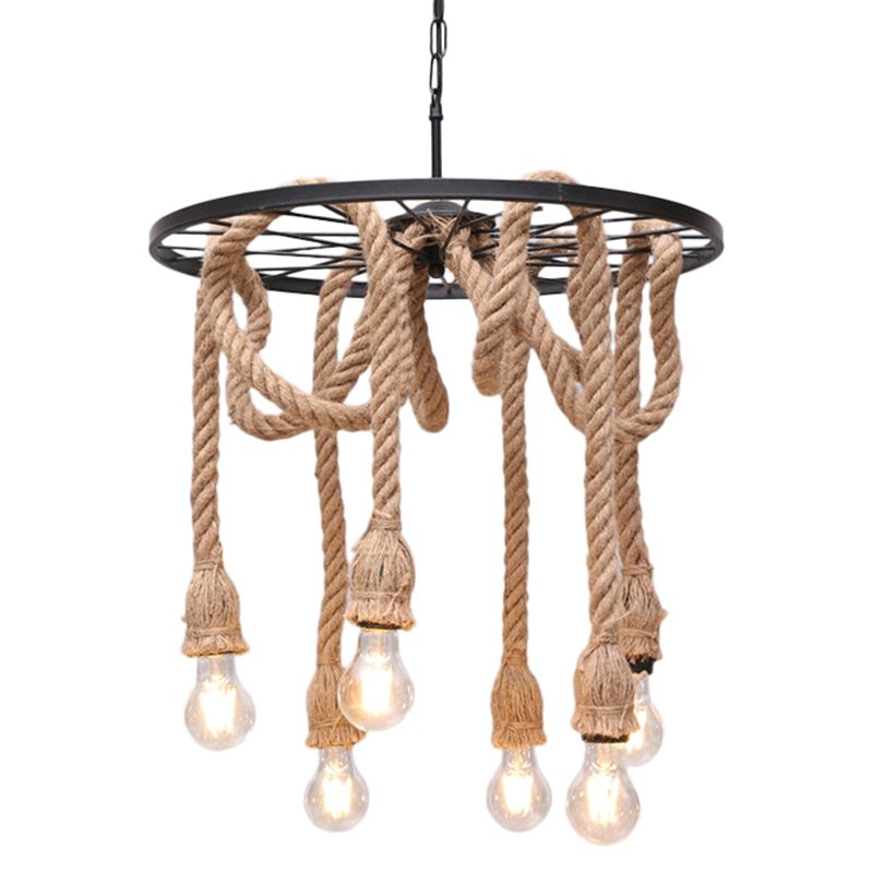 Multi-Lights Hemp Rope Design Retro Chandelier Light Black Wrought Iron Wheels Industrial Style Lighting Fixture in Restaurant Bar