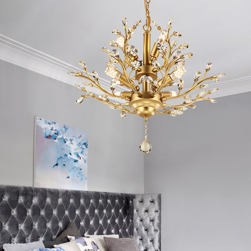Country Style Foliage Chandelier Metal Suspension Light with Crystal Decor in Gold