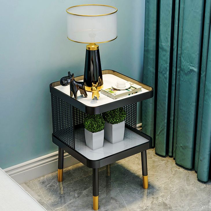 Glam Metal Accent Table Nightstand Stone Top 22'' Tall Open Storage Night Table with Legs