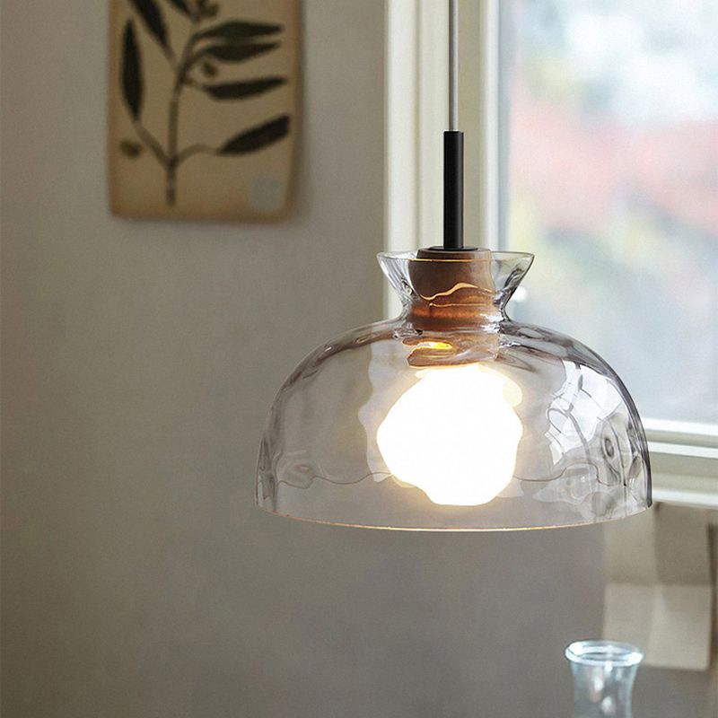 Clear Rippled Glass Shaded Pendant Nordic 1 Head Wood Suspension Light for Dining Room