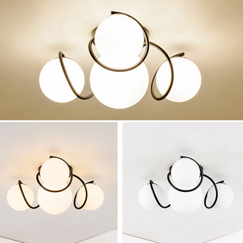 Weißer Glasball -Cluster Deckenleichter zeitgenössischer Einfachheitstil Semi Flush Mount Lampe mit Eisen kreativer Lampe Pfosten