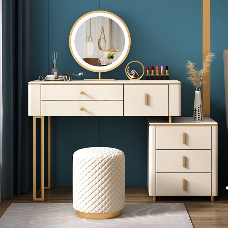 Stone Top Vanity Desk with 6 Drawers, Metallic White/Grey, 15.75" D x 30.71" H