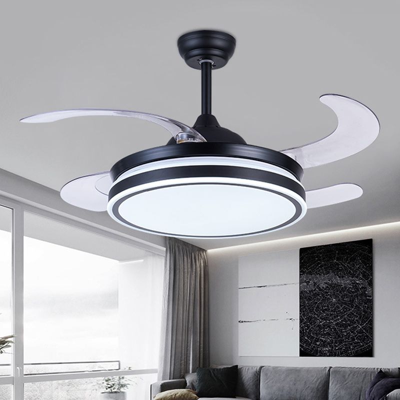 36 "W LED LED Accensione della ventola a ciondolo moderno Circle Metal 4 Blade Semi Flush Aitura del soffitto in nero, Remoto/Controllo a parete/Remoto e Controllo della parete