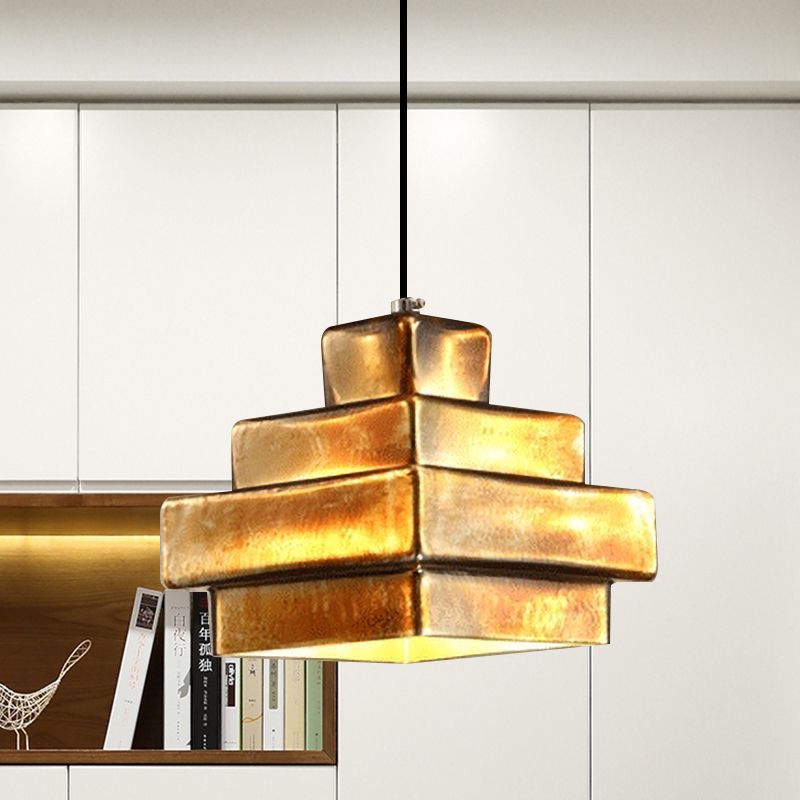 Brass Finish 1 Light Hanging Light with Shade Vintage Style Metallic Pendant Lighting for Restaurant