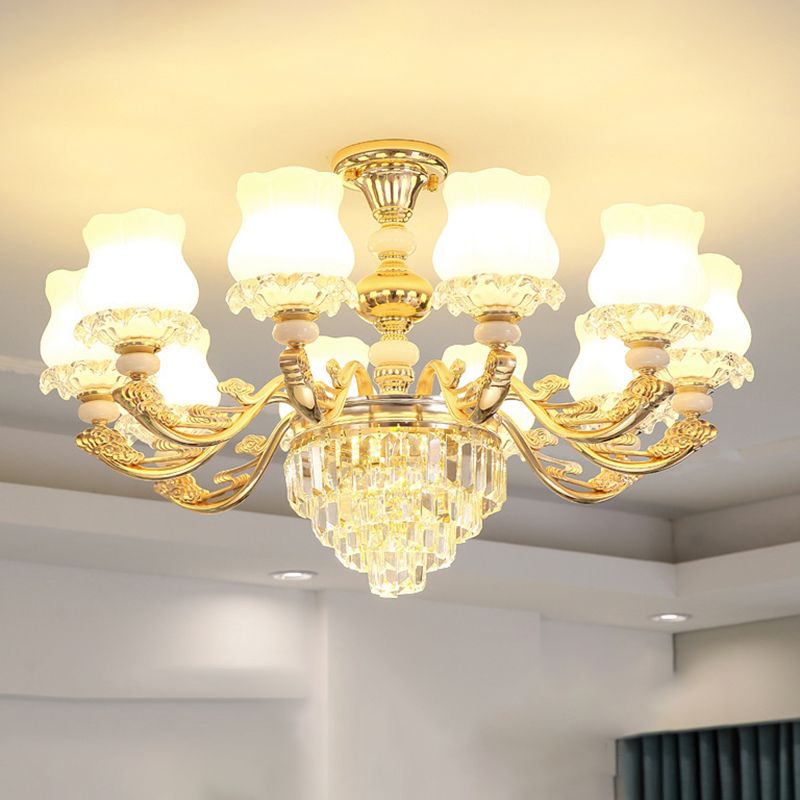Gold Chandelier Light Retro Opal Glass Bud Pendant Light Fixture with Tiered Crystal Decor