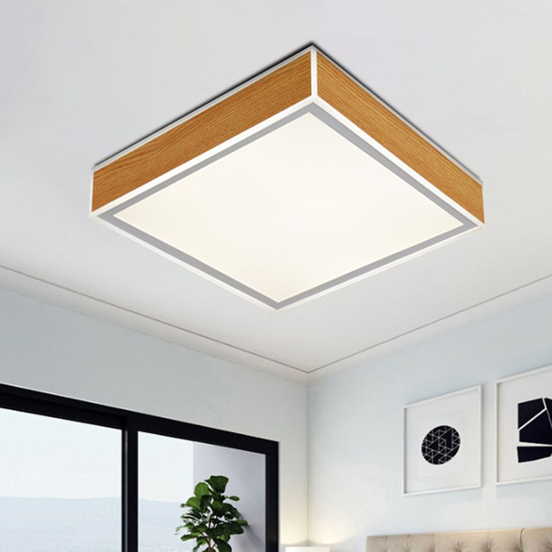 Squared Wood Ceiling Mounted Fixture Modern LED Beige Flushmount Lighting in White/Warm Light
