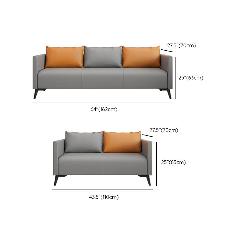 Leather Grey Sofa Stationary Square Arm Seating for Living Room