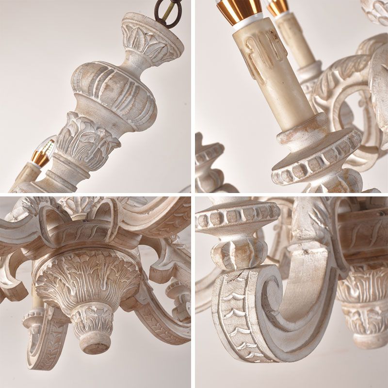 Branche Pendre lustre en bois traditionnel 6 ampoules Blanc lampe à suspension blanche pour chambre à coucher