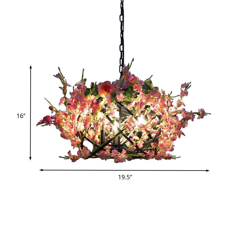 Metal Pink Flower Hanging Chandelier Candle 3 Bulbs Industrial Ceiling Light for Restaurant