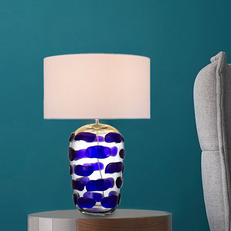 Yellow/Blue Jar Nightstand Light Modern 1 Bulb Clear Glass Desk Lamp with Drum Black/White Fabric Shade