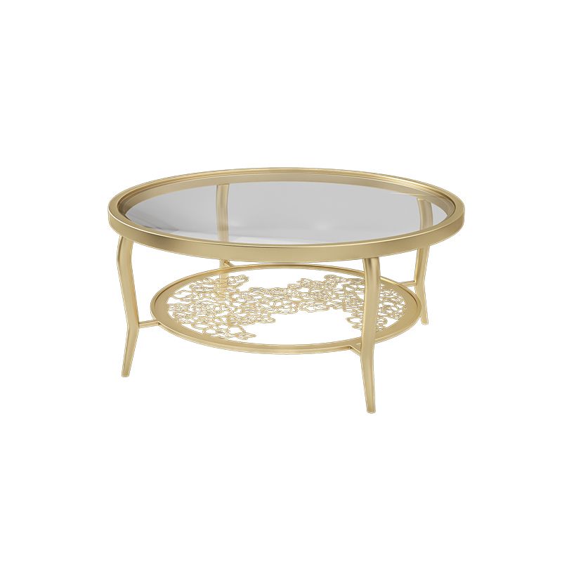 23.6"/17.7"H Modern 4 Legs Steel Base Glass Round Coffee Table with Shelf