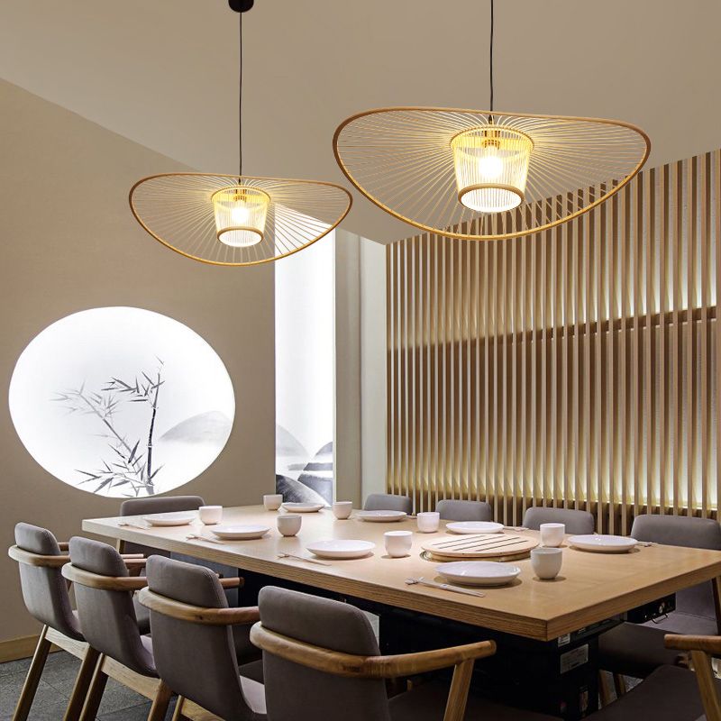 Handcrafted Pendant Light Contemporary Bamboo Single-Bulb Wood Suspension Lighting Fixture