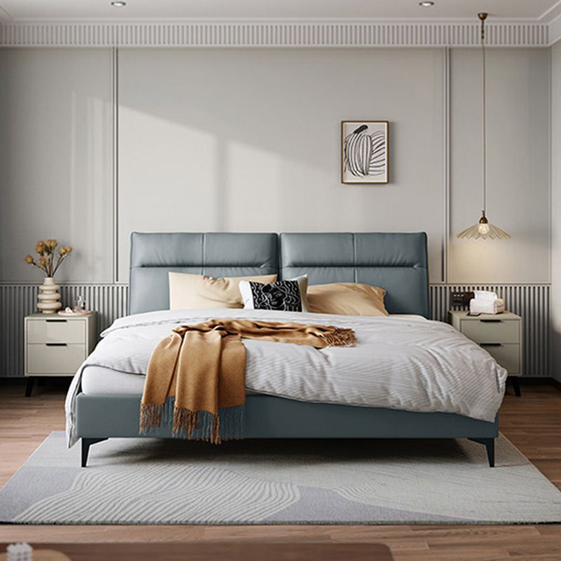 Rectangular Solid Color Panel Bed Genuine Leather Standard Bed with Metal Legs