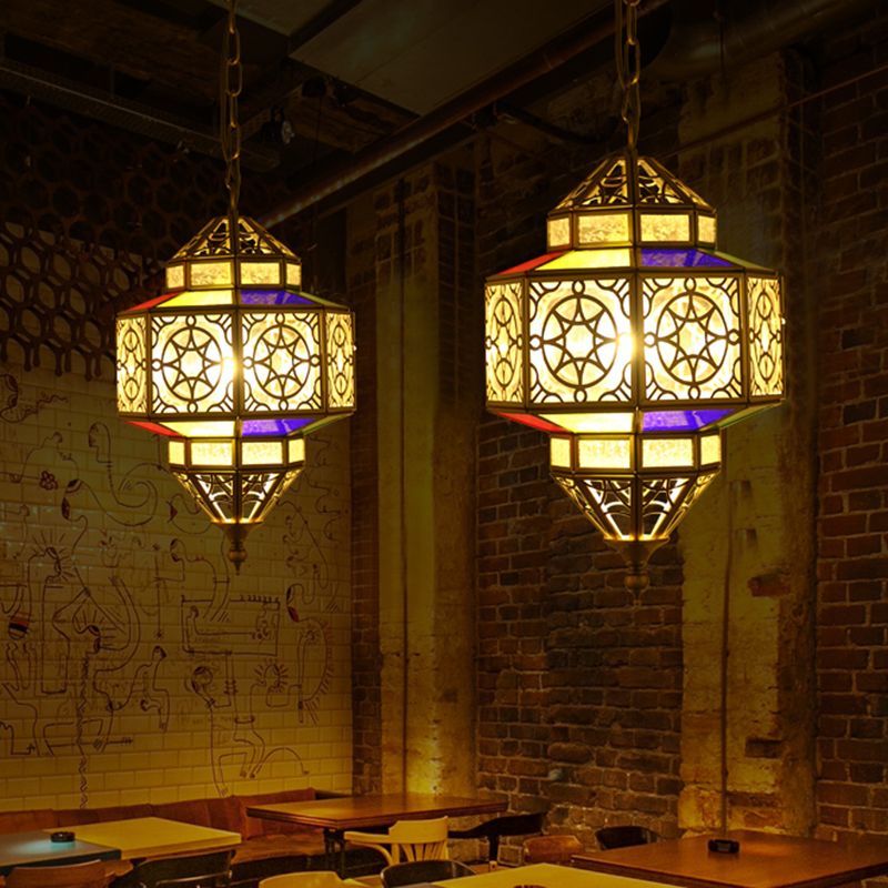 Metallic Brass Pendant Light Lantern 1-Head Southeast Asia Hanging Lamp with Clear Glass Shade