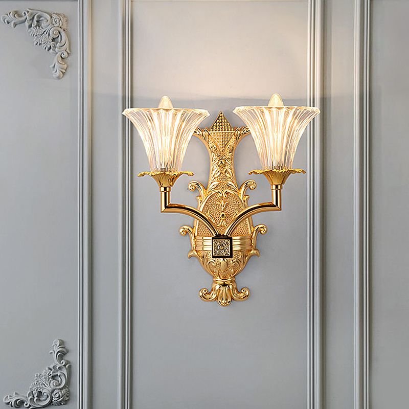 Clear Fluted Glass Gold Wall Lamp Tapered 2-Light Rustic Style Wall Lighting Fixture