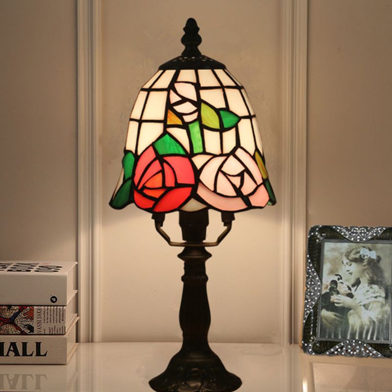 1 Bulb Night Lighting Baroque Bell Shade Stained Art Glass Table Light in Pink/Orange with Bloom Pattern for Bedside