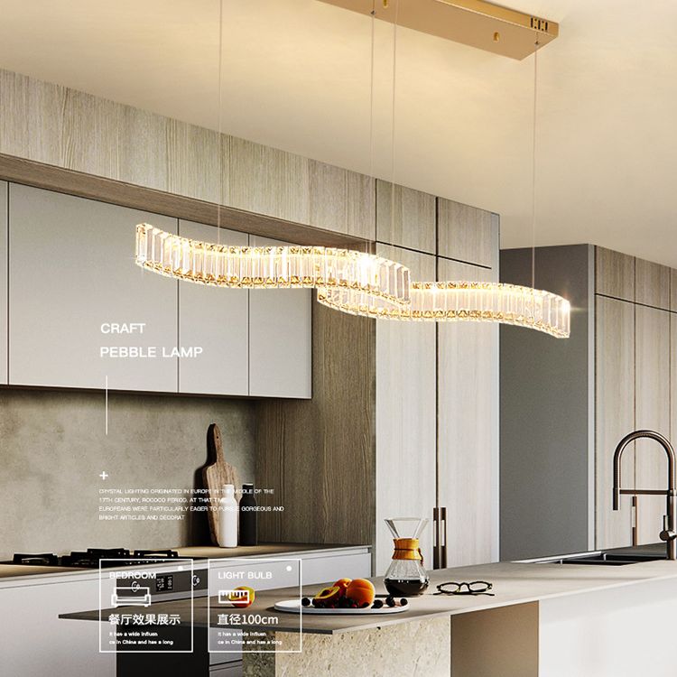 Modern Luxurious LED Island Pendant Lighting Wave Prismatic Optical Crystal Island Ceiling Light for Dining Table