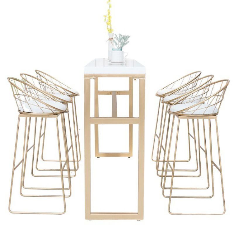 Rectangle White Solid Wood Table Gold and Metal Base Bar Table for Kitchen Living Room