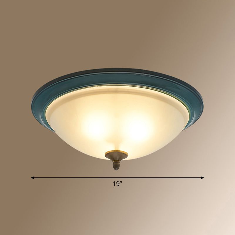 Frosted White Glass Bowl Flush Light Rustic 3-Light Bedroom Ceiling Lamp in Blue