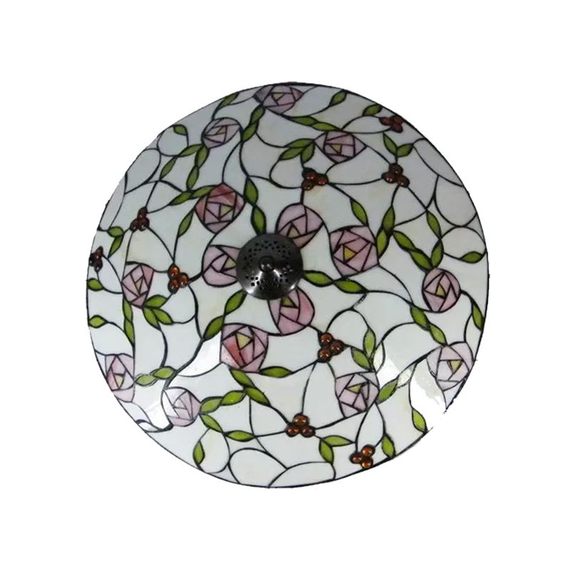 Pink and Green Bowl Flush Light with Rose Vintage Tiffany Stained Glass Flush Ceiling Light