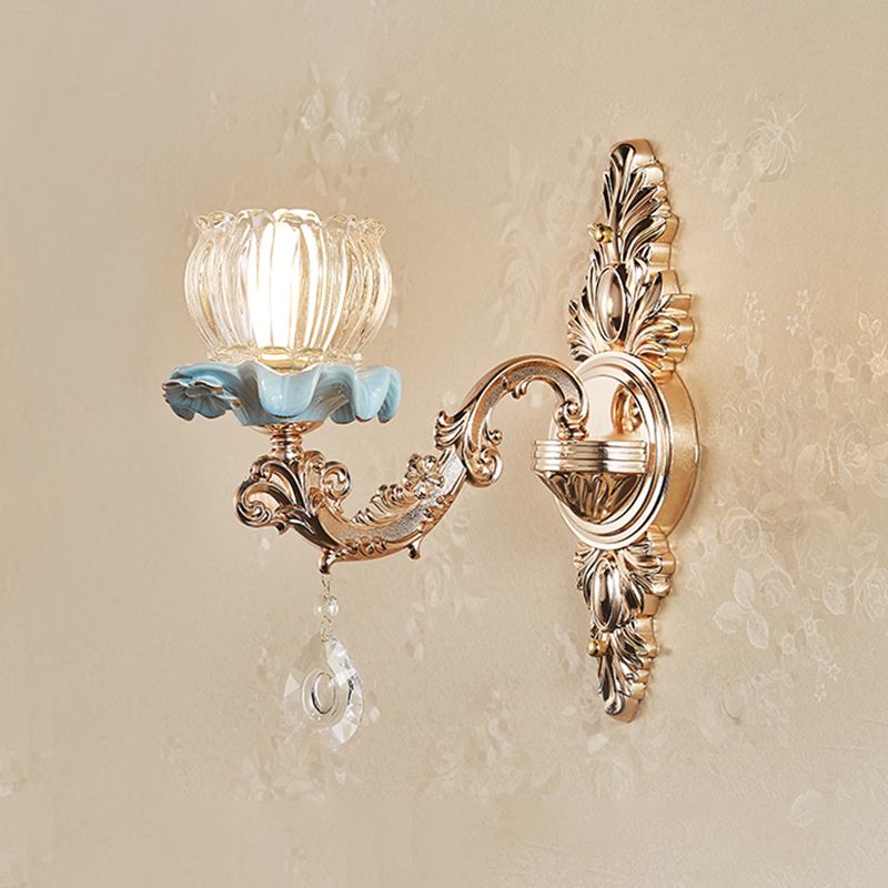 Applique murale dorée simplicité crème verre fleur applique murale avec drapé en cristal