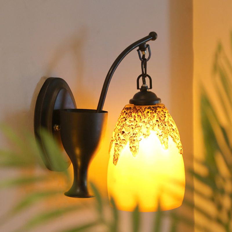 1 hoofdmuur hangende lichte platteland langwerpige koepelhars sconce verlichting in zwart met gebogen arm