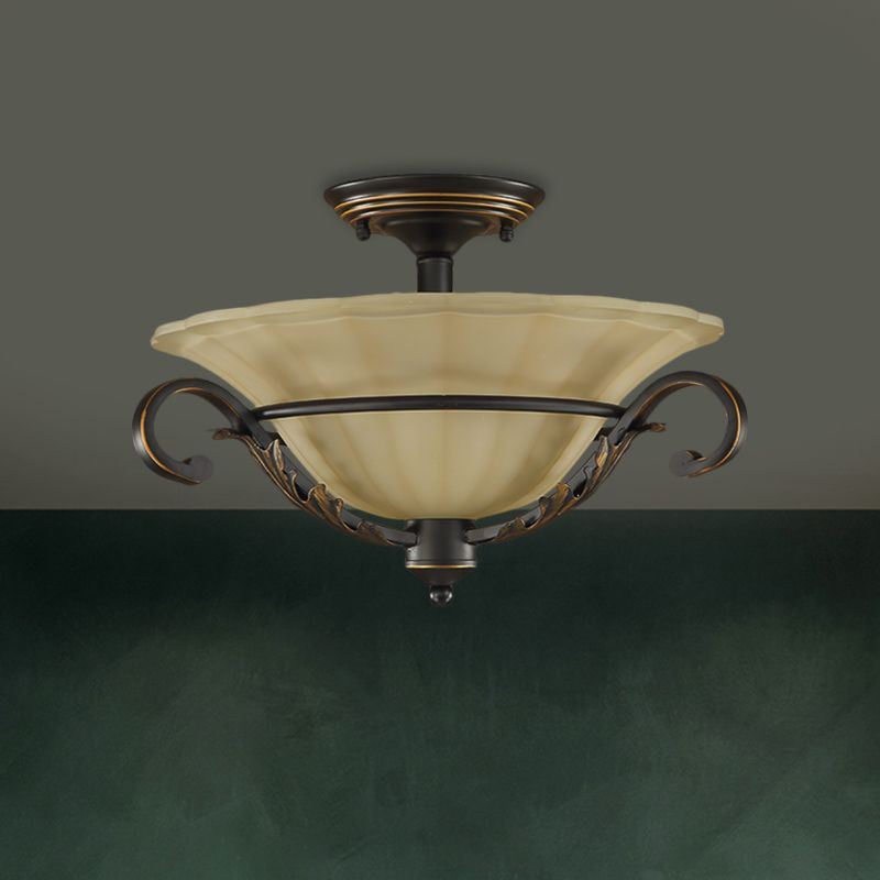 Bronze Bell Shape Flush Lamp Countryside Ribbed Opal Glass 3-Head Corridor Close to Ceiling Light