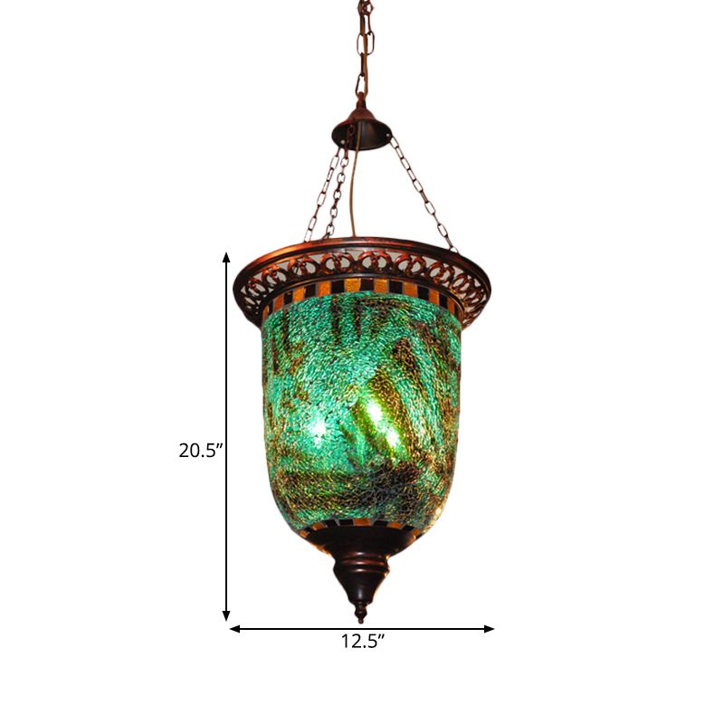 Bohemian Urn Chandelier Light 2 Bulbs Stained Art Glass Pendant Lighting Fixture in Blue for Restaurant
