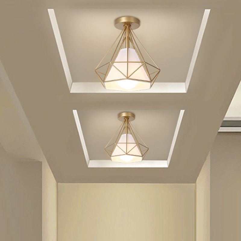 Diamond Cage Semi Flush Mount Light Fixture Industrial Iron Ceiling Mounted Fixture for Corridor